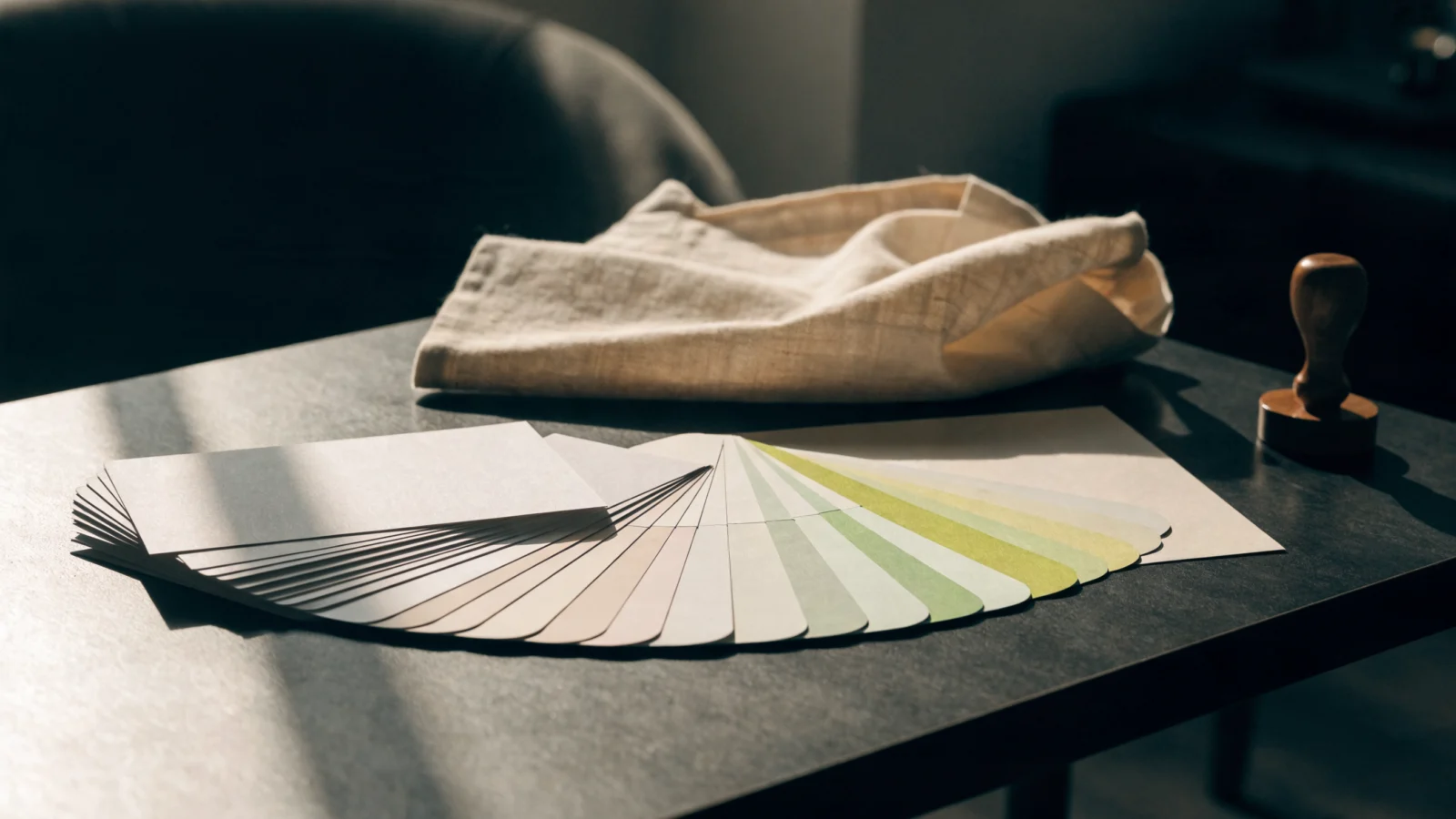 Studio table with blank business cards, a colour swatch fan and a folded tote bag