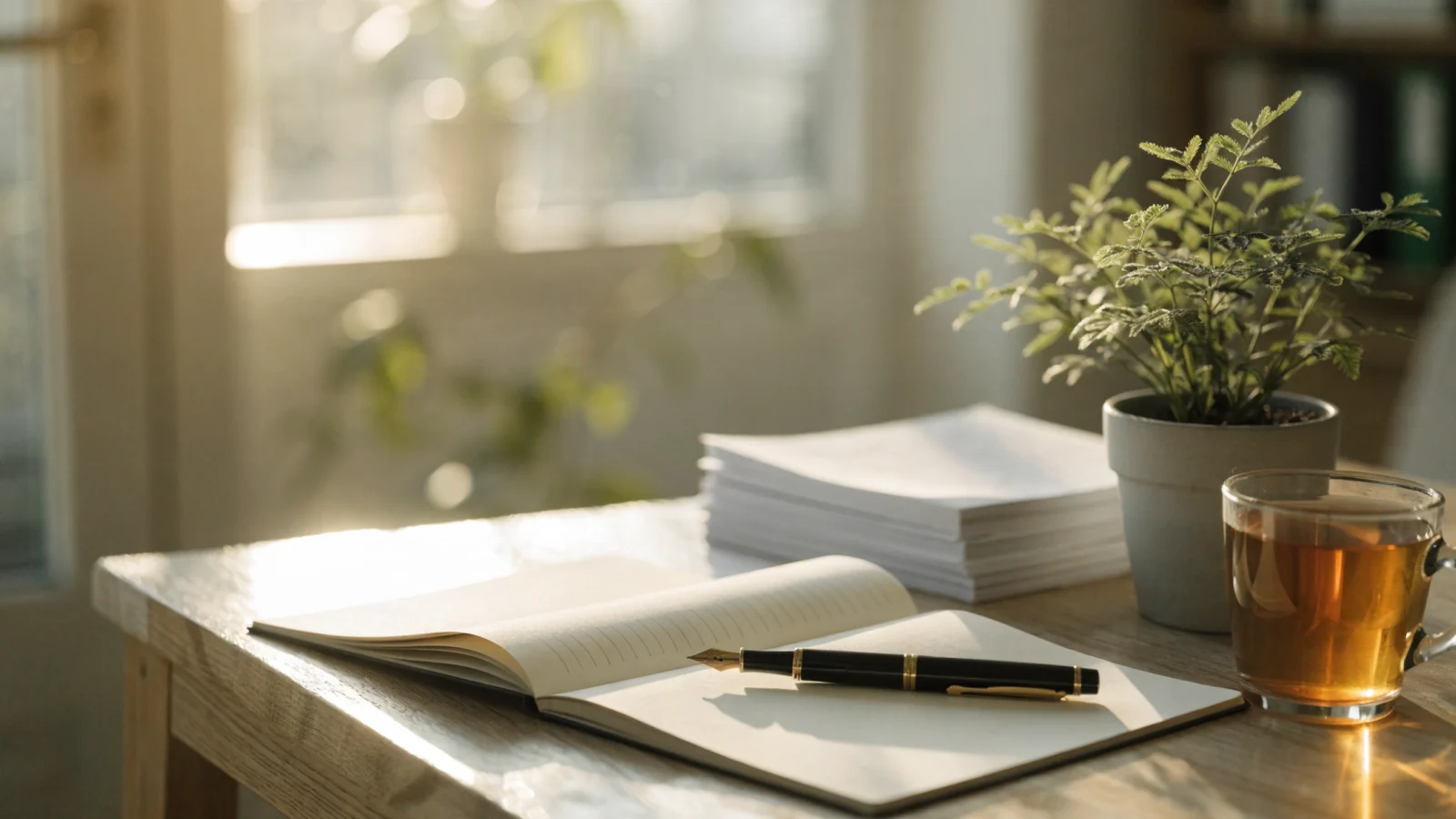 Writer desk with an open notebook, fountain pen and printed pages beside a bright window