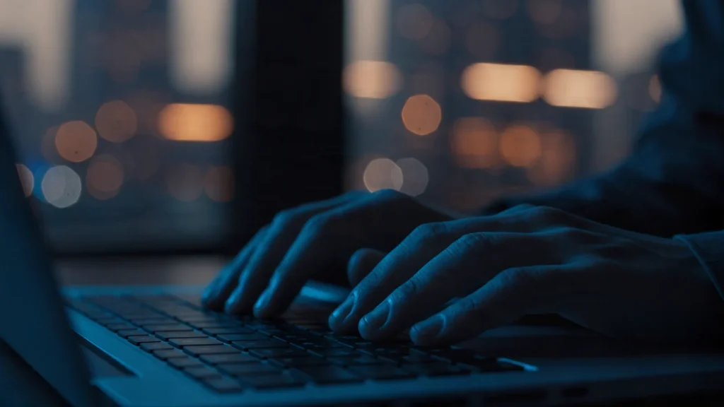 Hands on a laptop keyboard reviewing paid ad campaign performance in a dark office