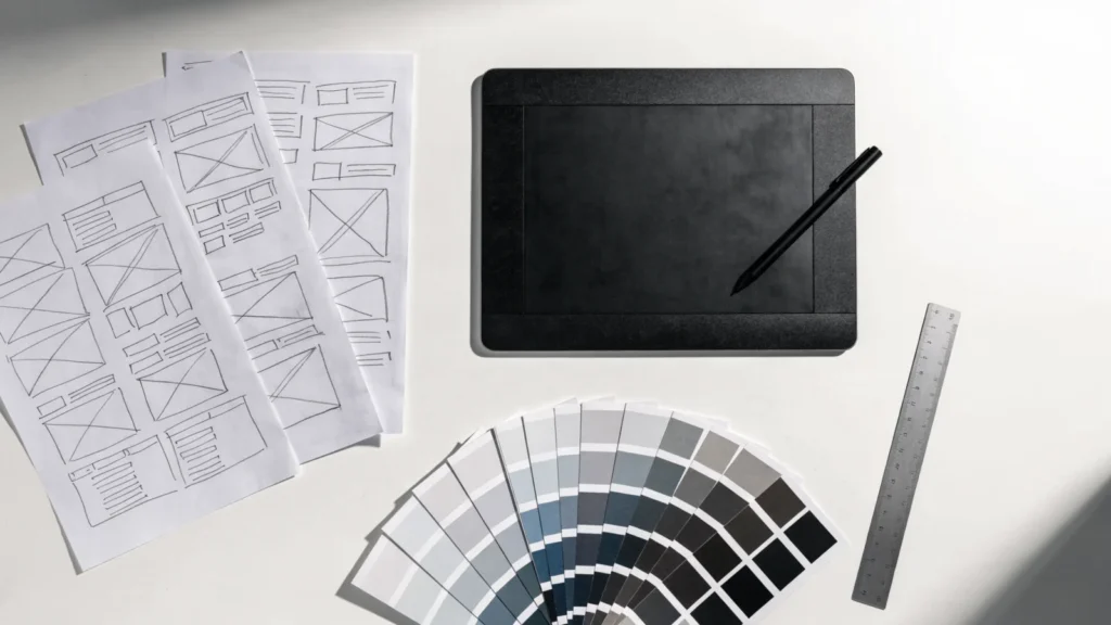 Designer desk with paper wireframe sketches, a graphics tablet and colour swatches