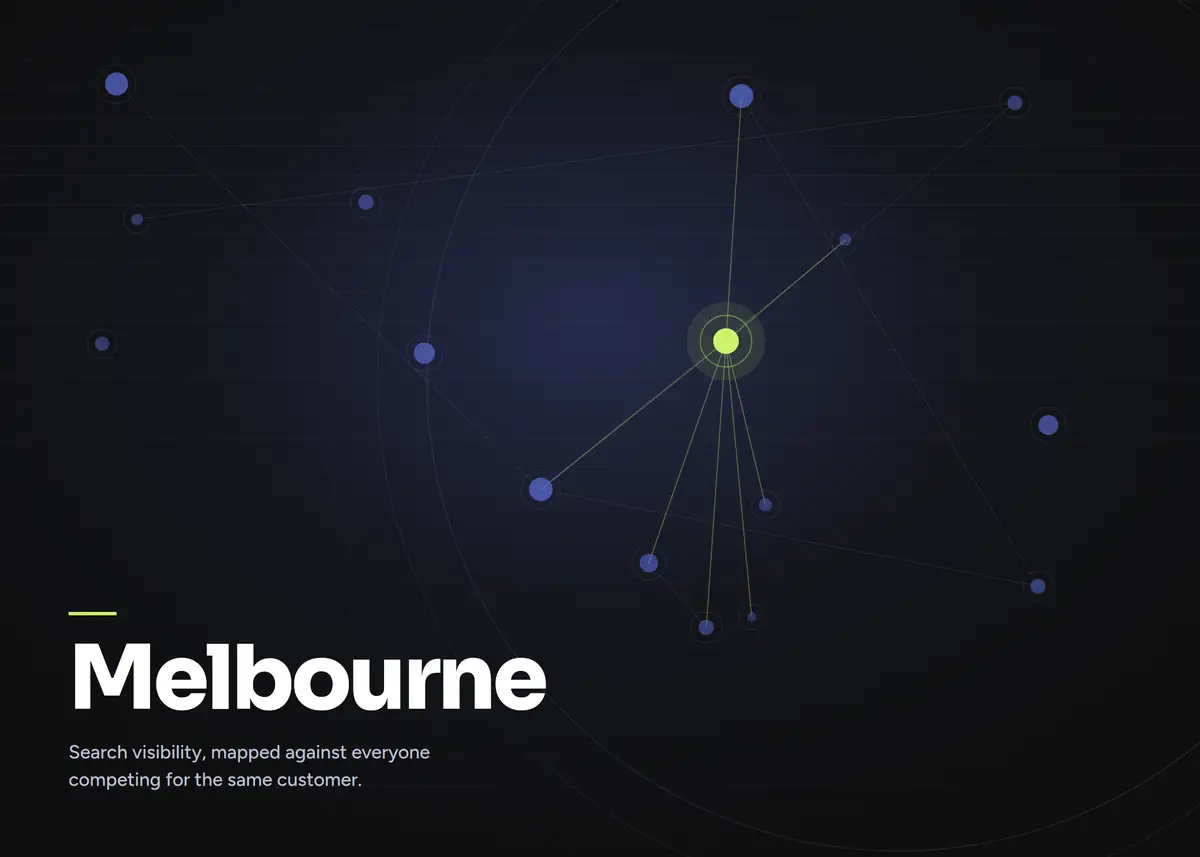 Network map showing a business highlighted among competing search results