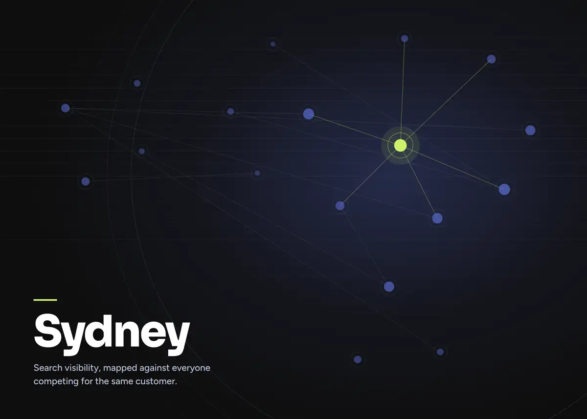 Network map showing a Sydney business highlighted among competing search results